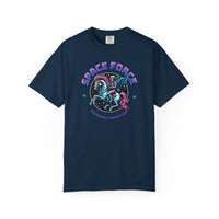 Load image into Gallery viewer, Navy blue t-shirt with 'Space Force' graphic design on a white background