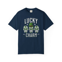 Load image into Gallery viewer, Navy blue t-shirt with 'Lucky Charm' graphic design on a white background