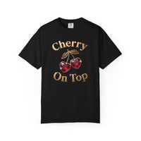 Load image into Gallery viewer, Black t-shirt with 'Cherry On Top' text and heart designs on a white background