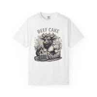 Load image into Gallery viewer, White t-shirt with a graphic of a bull and 'Beef Cake' text on a white background