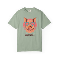 Load image into Gallery viewer, Bay green t-shirt with a graphic of a pig wearing sunglasses and text 'Sow What?' on a white background