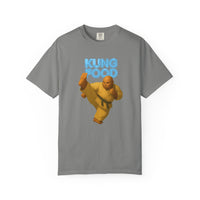 Load image into Gallery viewer, Granite Gray t-shirt with a graphic of a character in a yellow outfit and 'Kung Food' text on a white background