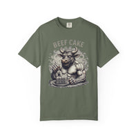 Load image into Gallery viewer, Moss Green t-shirt with a graphic of a bull and 'Beef Cake' text on a white background