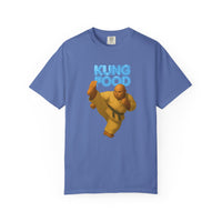 Load image into Gallery viewer, Mystic Blue t-shirt with a graphic of a character in a yellow outfit and 'Kung Food' text on a white background