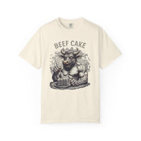Load image into Gallery viewer, Ivory t-shirt with a graphic of a bull and 'Beef Cake' text on a white background