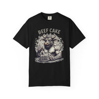 Load image into Gallery viewer, Black t-shirt with a graphic of a bull and 'Beef Cake' text on a white background