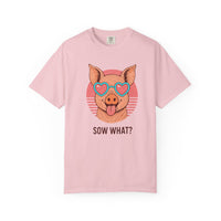 Load image into Gallery viewer, Blossom Pink t-shirt with a graphic of a pig wearing heart-shaped sunglasses and the text 'Sow What?' on a white background.