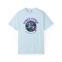 Load image into Gallery viewer, Chambray blue t-shirt with 'Space Force' graphic design on a white background