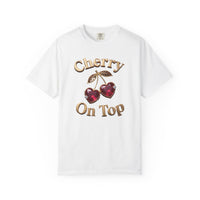Load image into Gallery viewer, White t-shirt with 'Cherry On Top' design on a white background