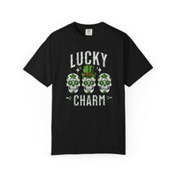 Load image into Gallery viewer, Black t-shirt with 'Lucky Charm' graphic design on a white background