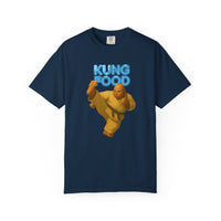 Load image into Gallery viewer, Navy blue t-shirt with a graphic of a person in a yellow martial arts outfit and 'KUNG FOOD' text on a white background.