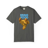 Load image into Gallery viewer, Pepper Gray t-shirt with a graphic of a person in a yellow martial arts outfit and 'Kung Food' text on a white background