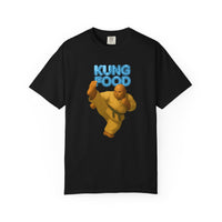 Load image into Gallery viewer, Black t-shirt with a graphic of a person in a yellow outfit and 'KUNG FOOD' text on a white background