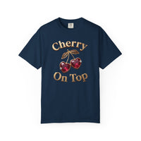 Load image into Gallery viewer, Navy blue t-shirt with 'Cherry On Top' text and heart designs on a white background