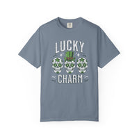 Load image into Gallery viewer, Blue Jean Comfort Colors t-shirt with 'Lucky Charm' graphic design on a white background