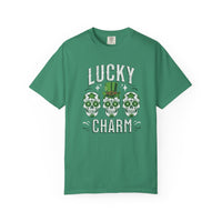 Load image into Gallery viewer, Kelly Green t-shirt with 'Lucky Charm' text and skull design on a white background