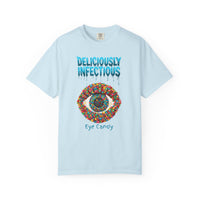 Load image into Gallery viewer, Chambray blue t-shirt with colorful eye design and text on a white background