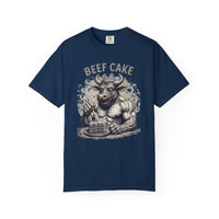Load image into Gallery viewer, Navy blue t-shirt with a graphic of a bull and 'BEEF CAKE' text on a white background