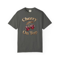 Load image into Gallery viewer, Pepper Gray t-shirt with 'Cherry On Top' text and cherry graphics on a white background