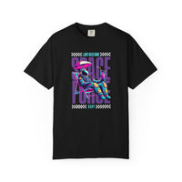 Load image into Gallery viewer, Black t-shirt with colorful graphic design on a white background
