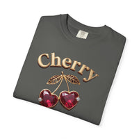 Load image into Gallery viewer, Folded Pepper gray t-shirt with 'Cherry' text and cherry design on a white background