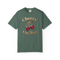 Load image into Gallery viewer, Blue Spruce (Green) t-shirt with 'Cherry On Top' text and heart designs on a white background