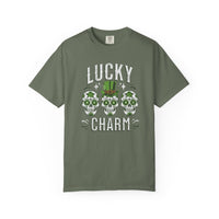 Load image into Gallery viewer, Moss Green t-shirt with 'Lucky Charm' text and skull designs on a white background