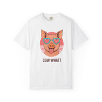 Load image into Gallery viewer, White t-shirt with a graphic of a pig wearing sunglasses and the text 'Sow What?' on a white background.