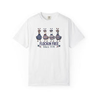 Load image into Gallery viewer, White t-shirt with 'Flockin Free' graphic design featuring four birds on a white background