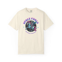 Load image into Gallery viewer, Ivory t-shirt with 'Space Force' graphic design featuring a skeleton on a unicorn.