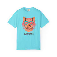 Load image into Gallery viewer, Lagoon Blue t-shirt with a graphic of a pig wearing sunglasses and text 'Sow What?' on a white background