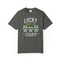 Load image into Gallery viewer, Pepper Gray t-shirt with 'Lucky Charm' graphic design on a white background