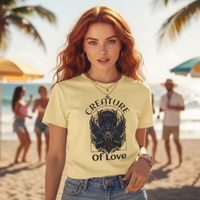 Load image into Gallery viewer, Creature of Love gothic graphic tee – female model wearing banana yellow shirt at beach