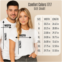 Load image into Gallery viewer, Comfort Colors Unisex Tee Size Chart -Male &amp; Female wearing white shirts with a size chart with W X L on a beige background