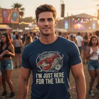 Load image into Gallery viewer, Man wearing a blue t-shirt with a lobster graphic and text at a music festival.