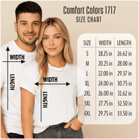 Load image into Gallery viewer, Size chart: Comfort Colors 1717 unisex tee size chart – S to 4XL measurements. Man and Woman with  W x L markers.