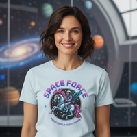 Load image into Gallery viewer, Woman wearing a Chambray blue t-shirt with 'Space Force' graphic design in front of a space-themed background.