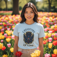 Load image into Gallery viewer, Woman wearing a Chambray Comfort Colors Creature of Love' t-shirt in a field of tulips