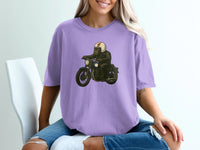 Load image into Gallery viewer, Purple T-Shirt with Gorilla Riding Motorcycle Design