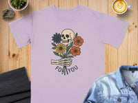 Load image into Gallery viewer, Purple T-Shirt with Skull and Flower Bouquet Design